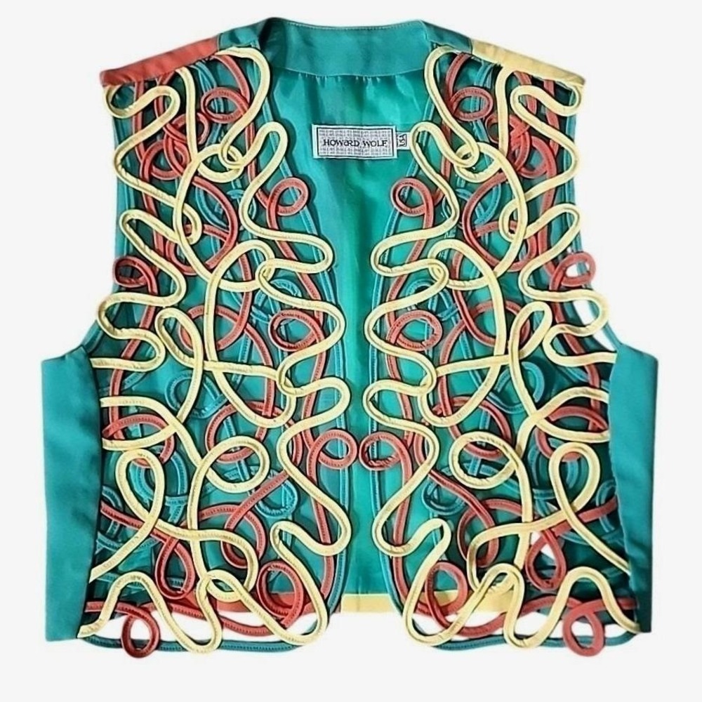Vintage Howard Wolf Womens 12 Soutache Lattice Colorblock Vest Teal Yellow Coral